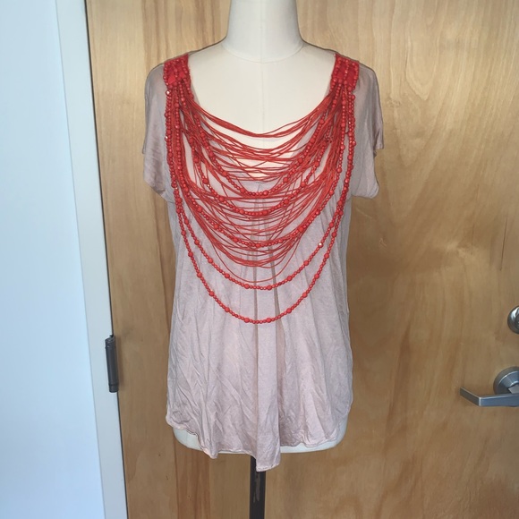 Flowy, drapy, beige top w/ orange-red bead/strings